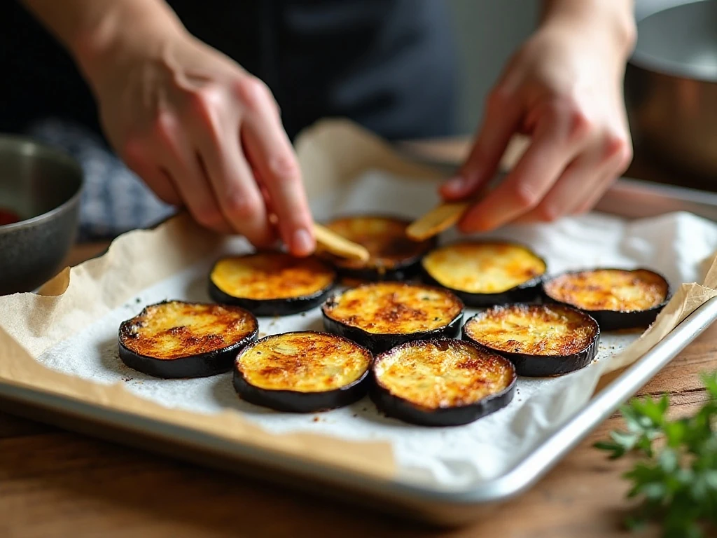 Lightly browned roasted eggplant slices prepared for layering in lasagna