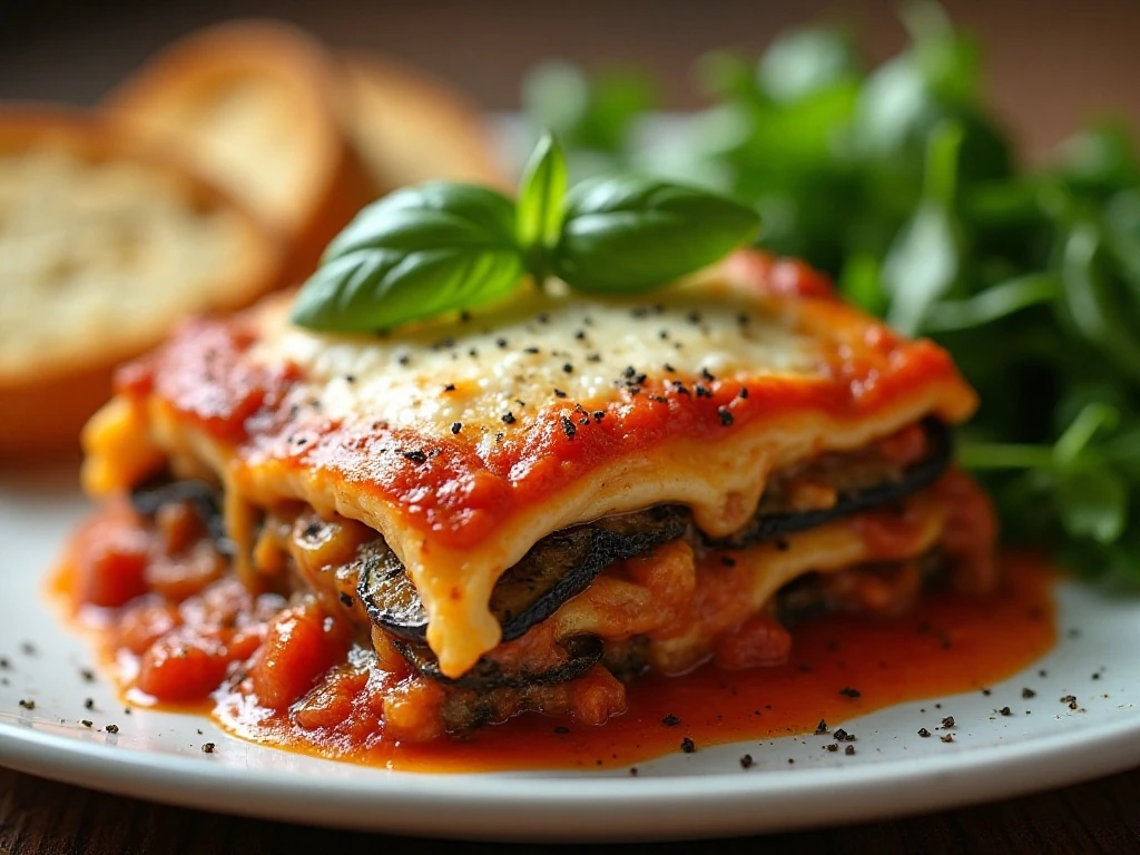 Eggplant lasagna garnished with fresh basil and served with salad and bread