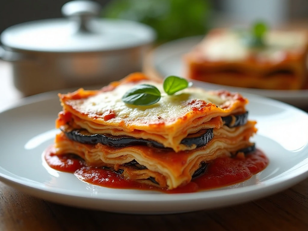 A neatly sliced reheated portion of eggplant lasagna showing distinct layers
