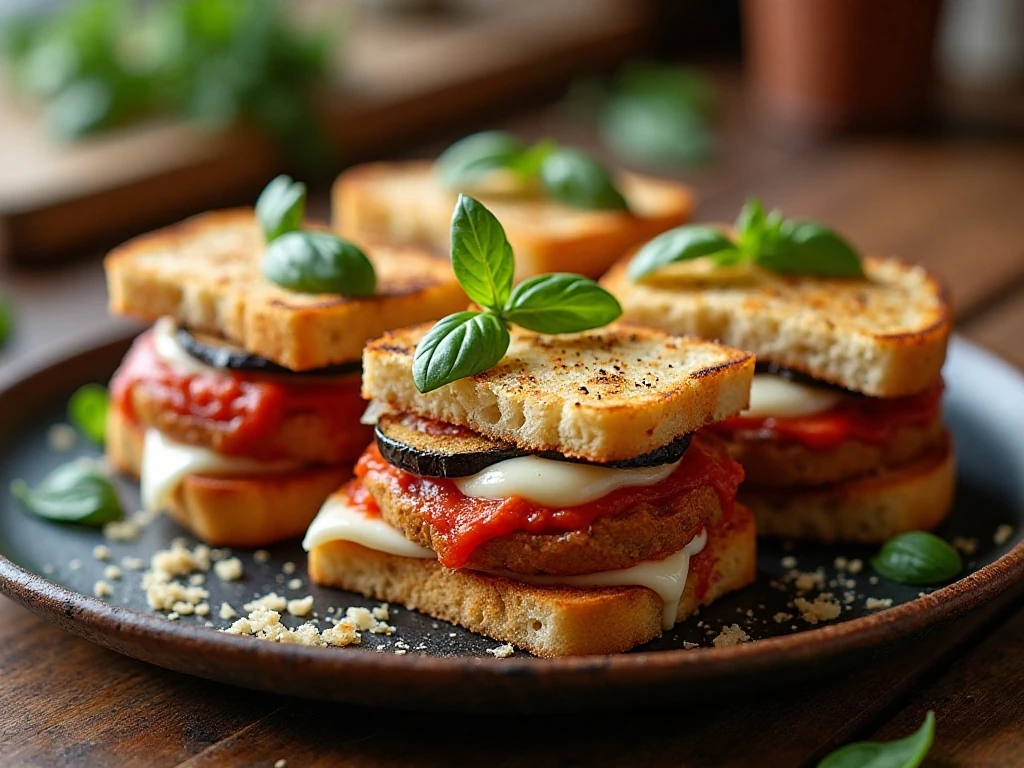 Crispy eggplant Parmesan panini halves served on a platter