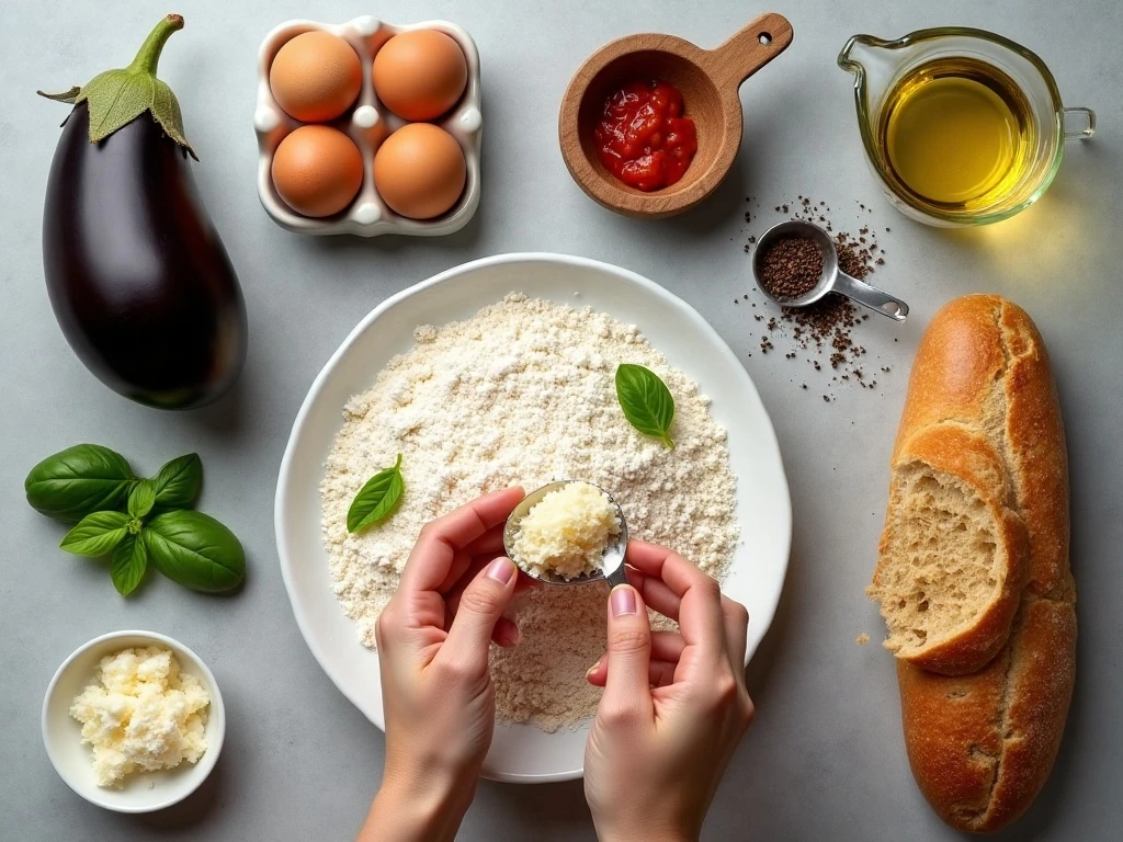 Ingredients for eggplant Parmesan panini arranged for cooking