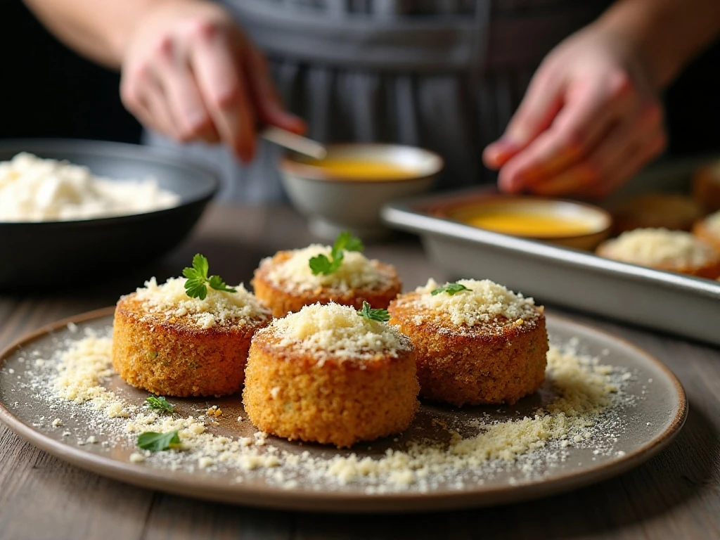 Breading eggplant slices for crispy eggplant Parmesan panini