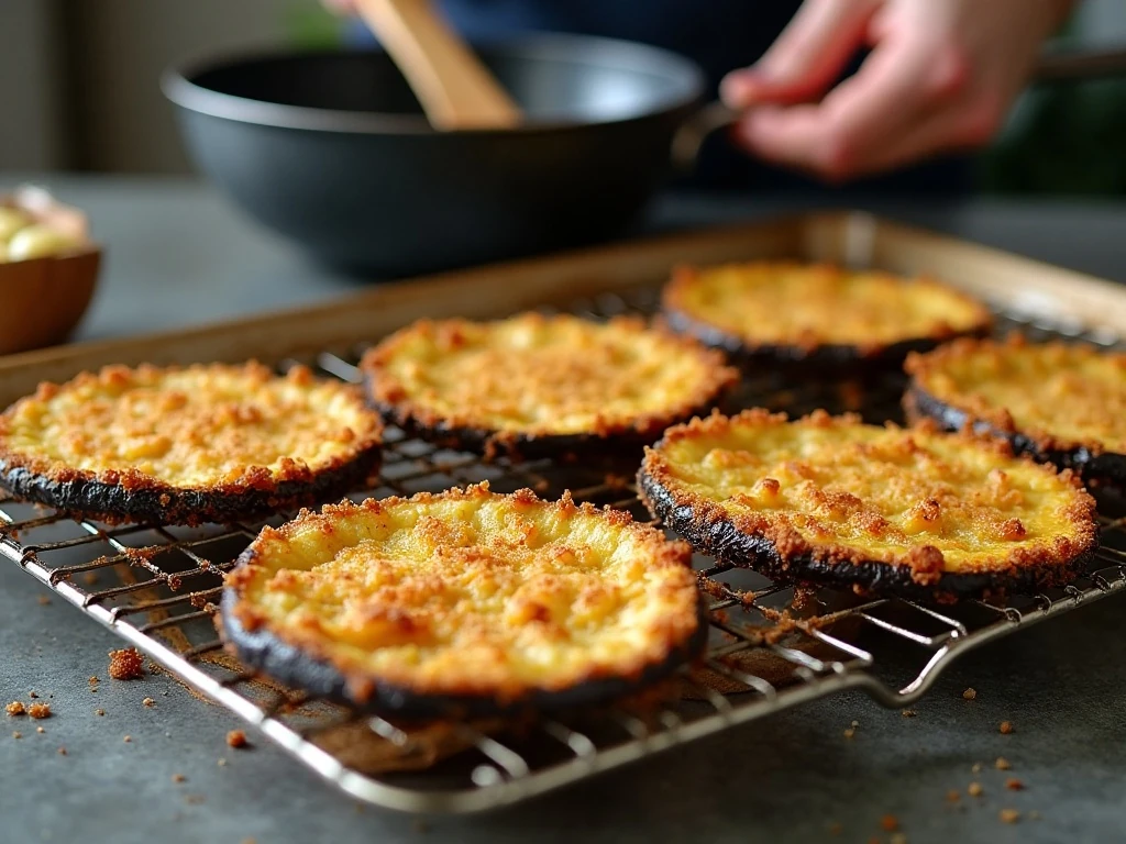 Breaded eggplant slices draining on a wire rack to stay crisp