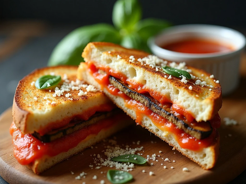 Cheesy eggplant Parmesan panini with basil and marinara dipping sauce