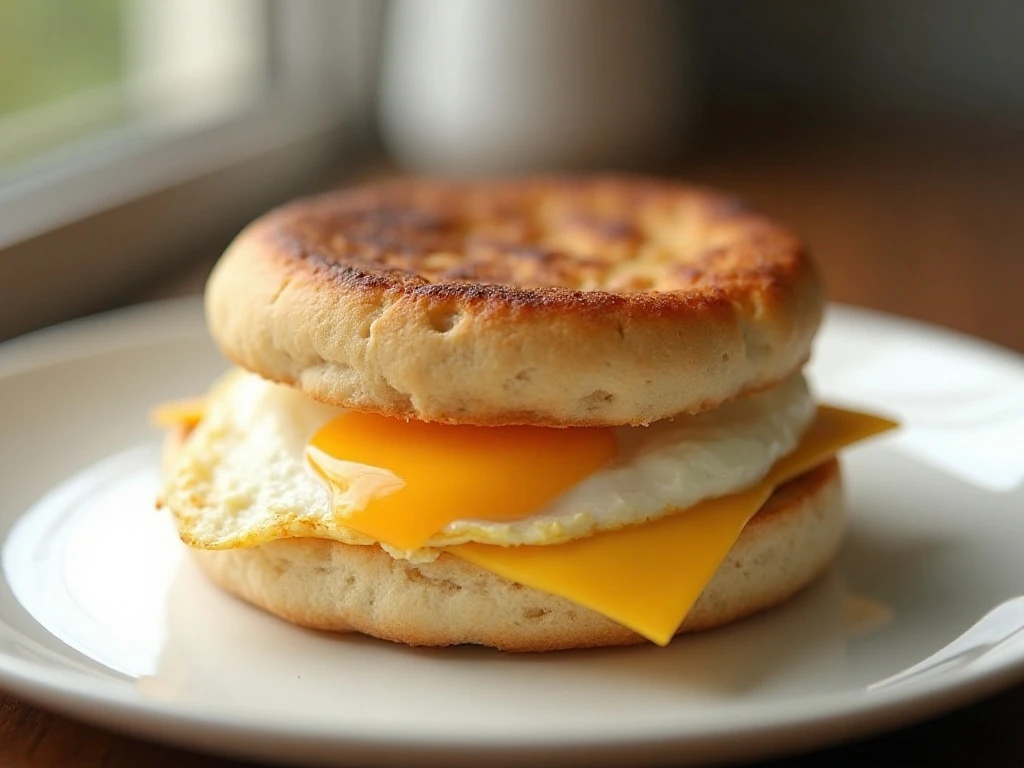 Toasted English muffin egg and cheese sandwich ready for breakfast