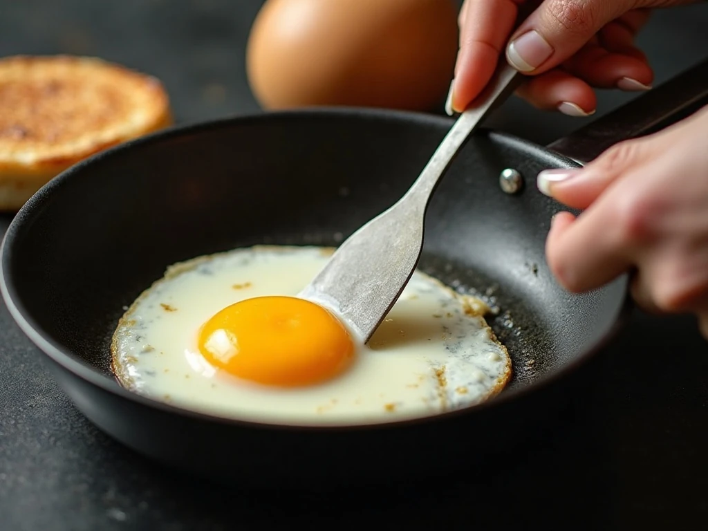 Egg cooking gently in a skillet for a breakfast sandwich