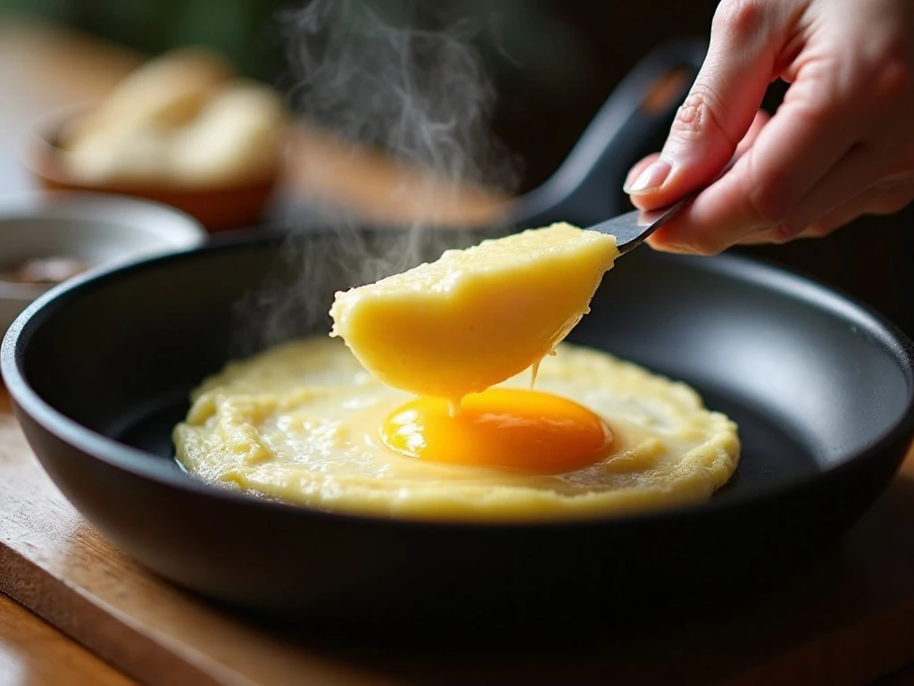 Cheese melting over a cooked egg in a skillet