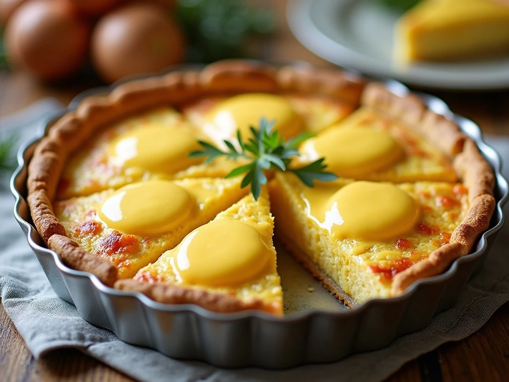 Golden Eggs Benedict quiche served with hollandaise sauce