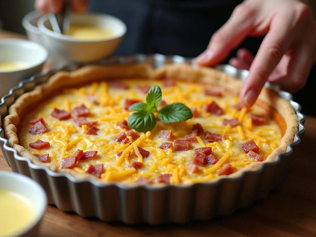 Filling an unbaked pie crust with Canadian bacon and Swiss cheese