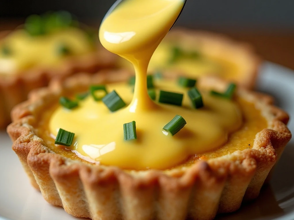 Hollandaise and fresh chives topping an Eggs Benedict quiche slice