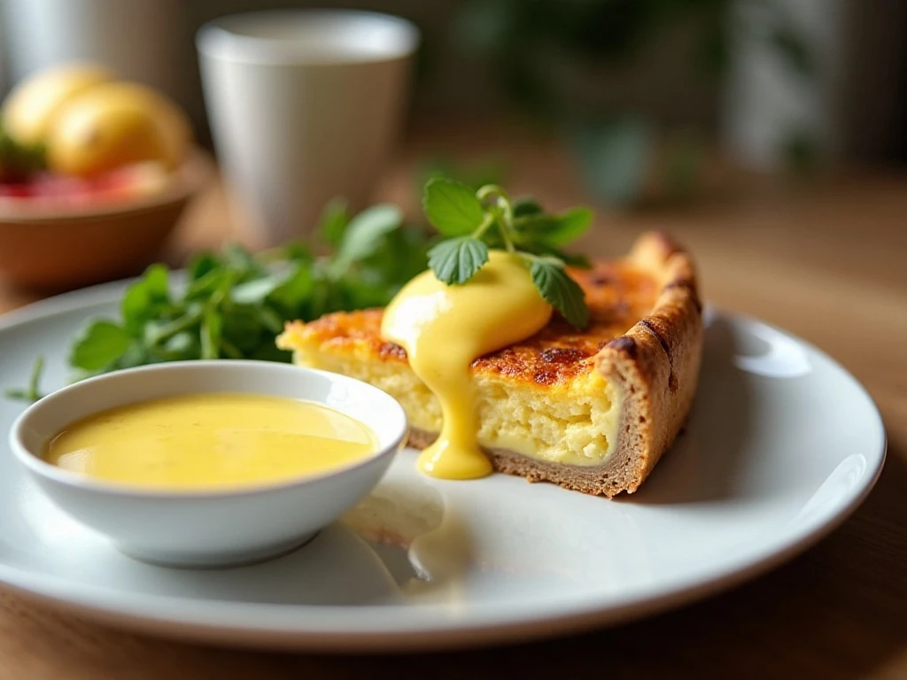 Reheated Eggs Benedict quiche served with hollandaise on the side
