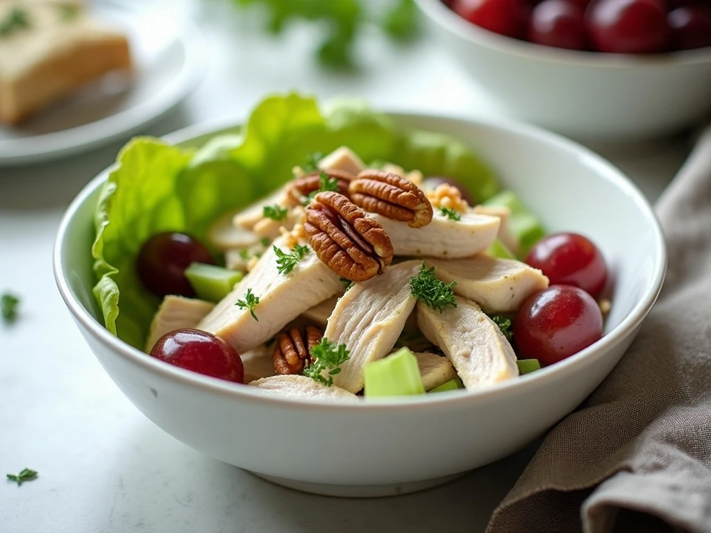 Elegant chicken salad with grapes, celery, toasted pecans, and herbs