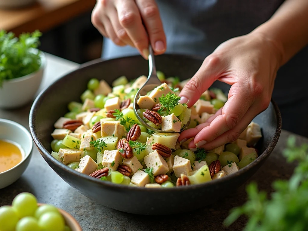 Combining chicken salad ingredients with lemon Dijon dressing