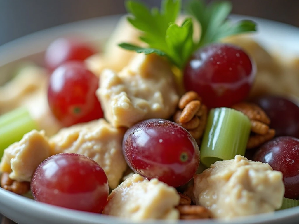 Close-up of chicken salad texture with grapes, celery, pecans, and herbs