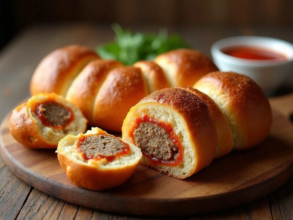 Sliced Italian meatball bread braid served with marinara sauce
