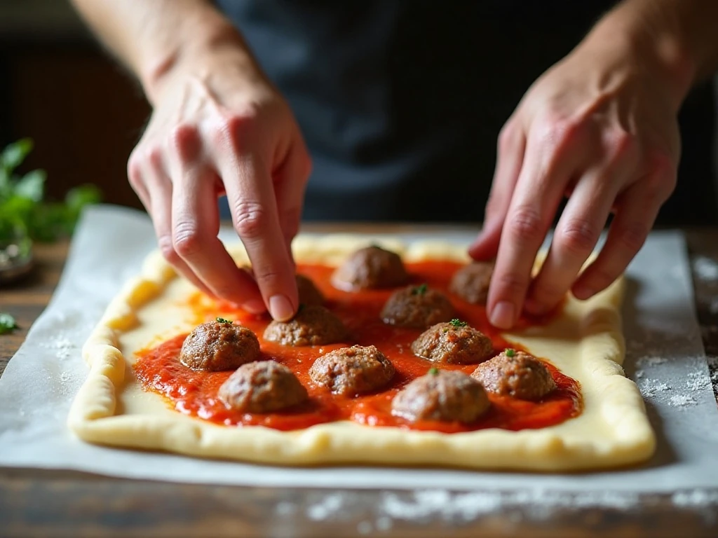 Folding dough strips over the meatball braid filling