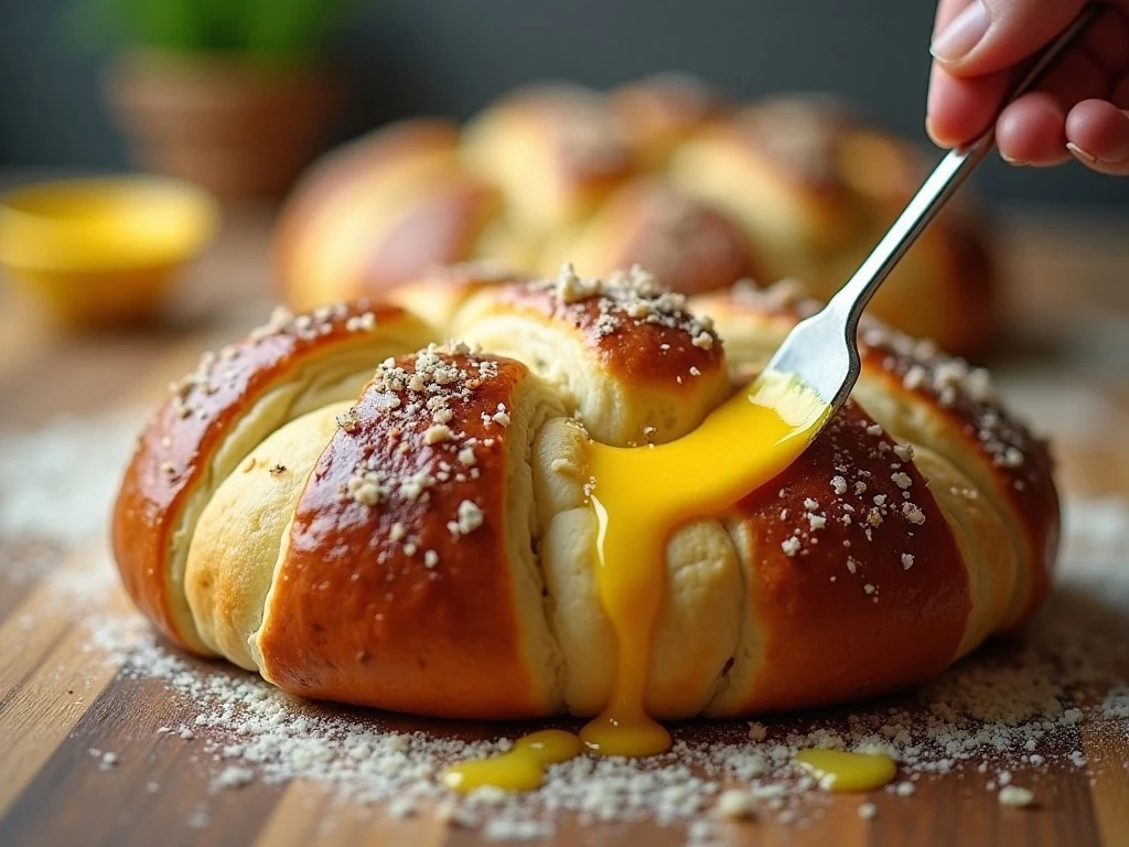 Egg-washed and seasoned meatball bread braid ready to bake