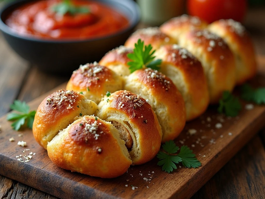 Warm meatball bread braid slices with marinara for serving