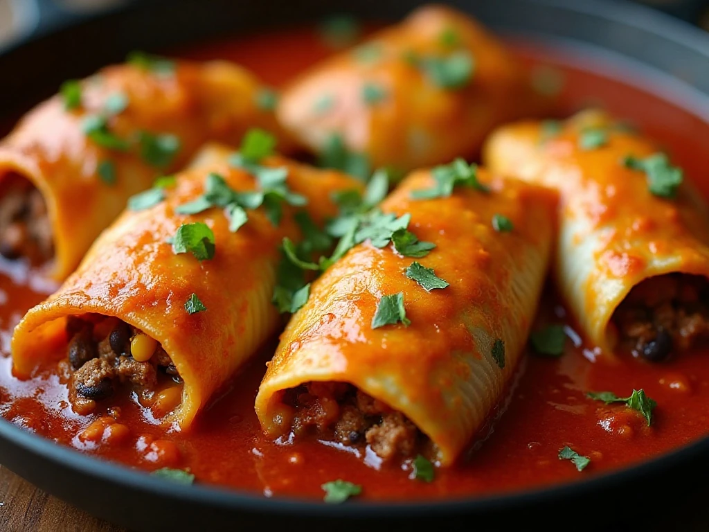 Baked enchilada stuffed shells in a casserole dish