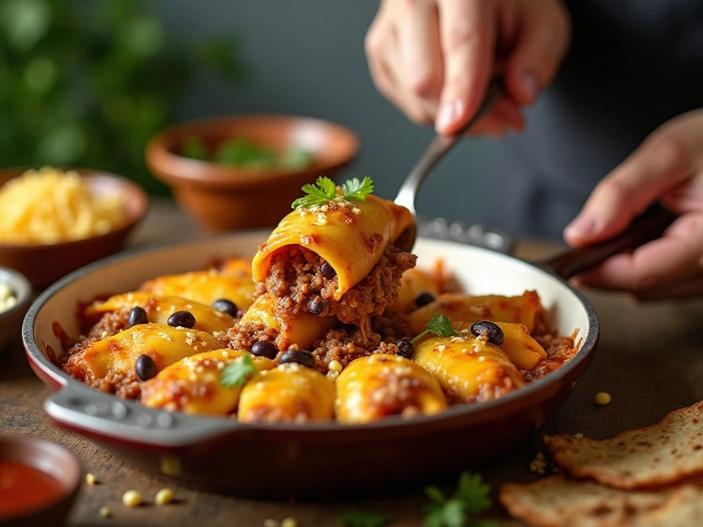 Filling jumbo pasta shells with enchilada beef mixture