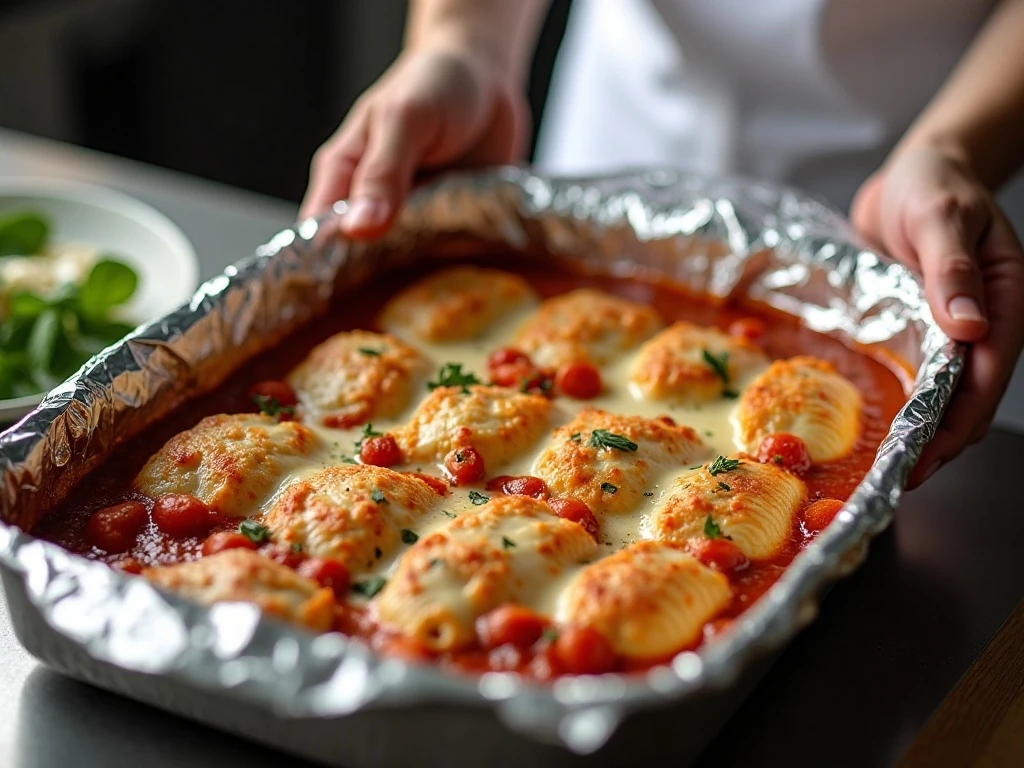 Cheesy stuffed shells baking under foil