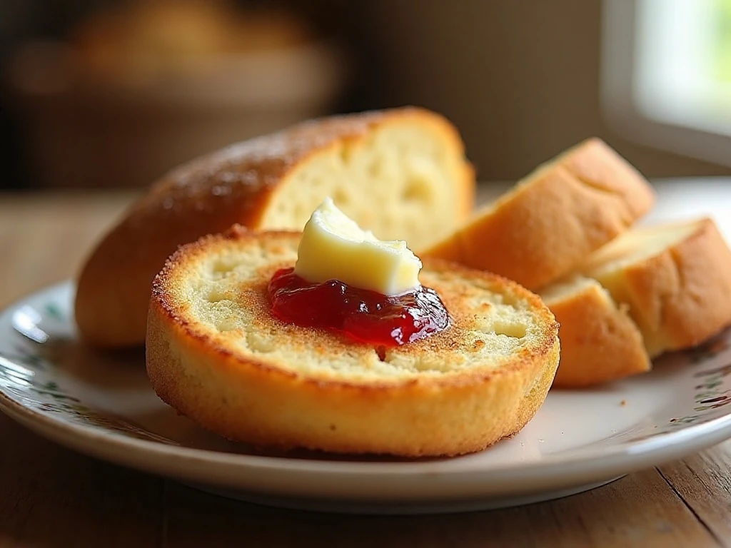 Sliced no-knead English muffin bread served toasted with butter and jam