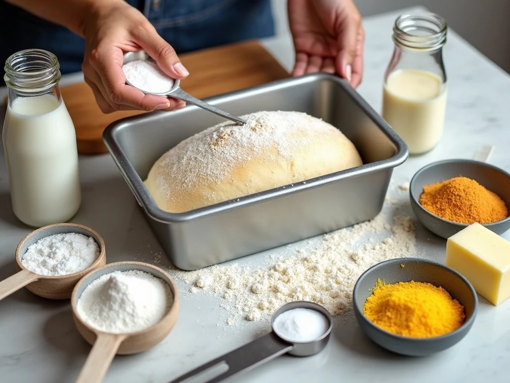Ingredients for easy no-knead English muffin bread