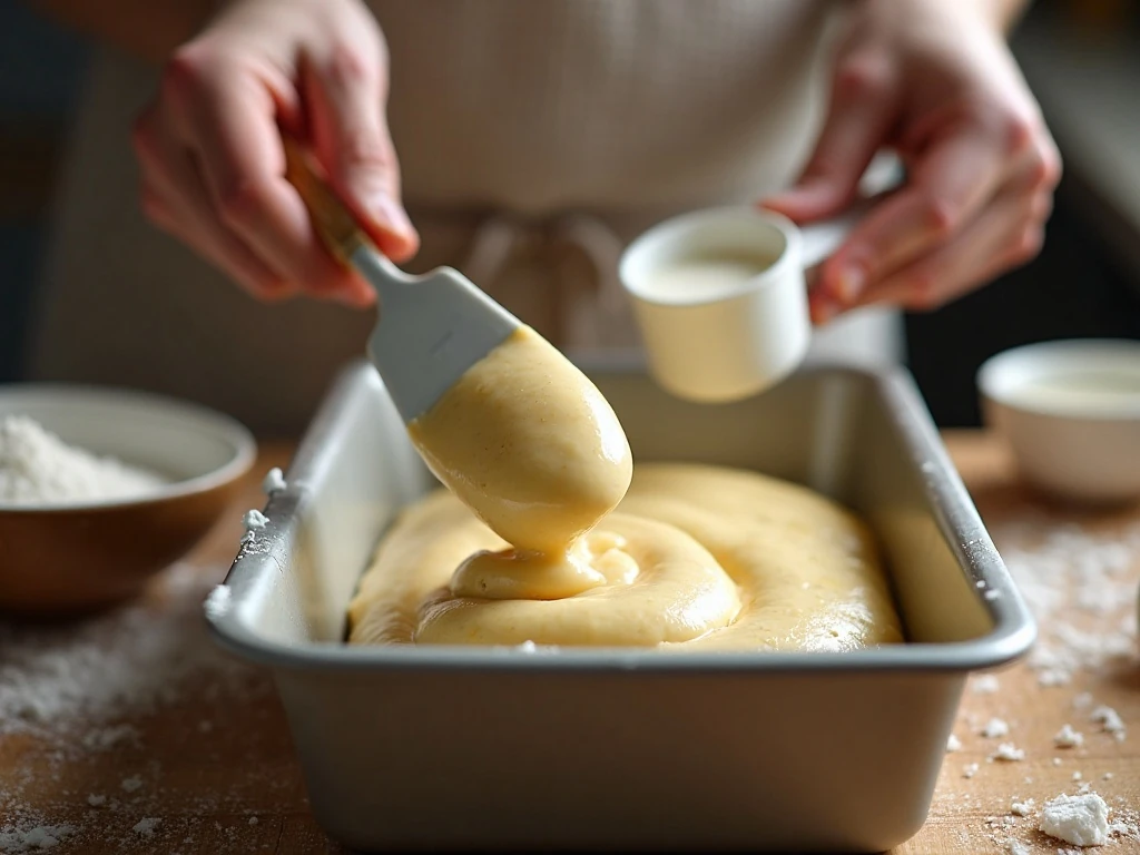 Sticky English muffin bread batter being smoothed into a loaf pan