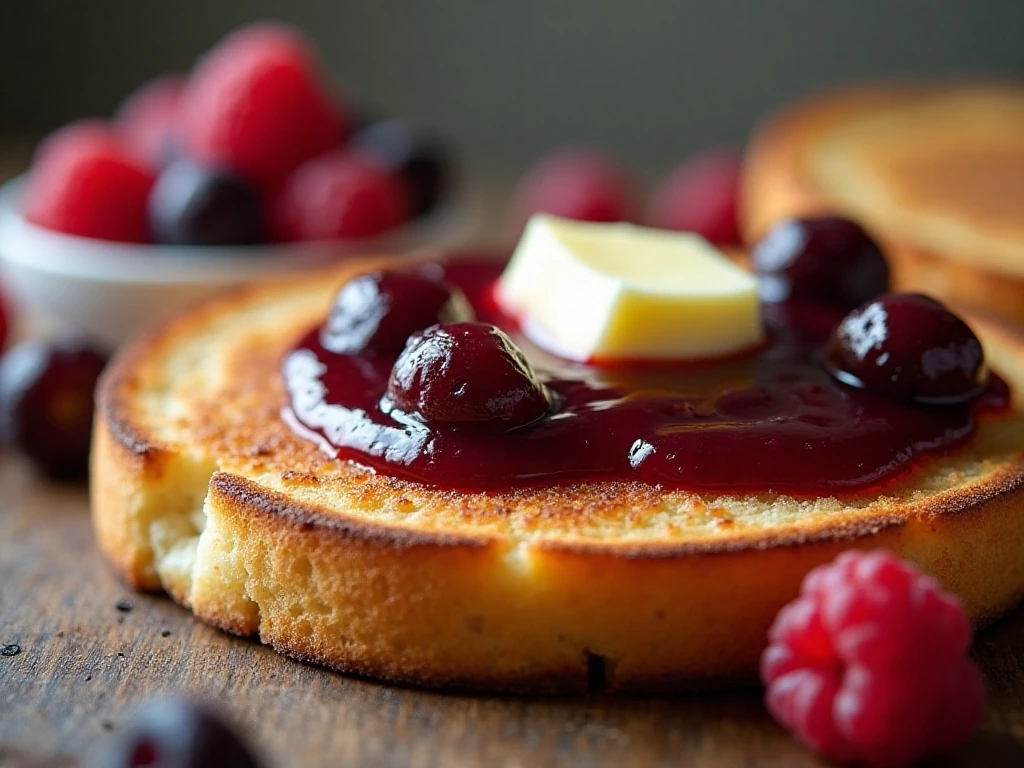 Crisp toasted English muffin bread with butter and berry jam