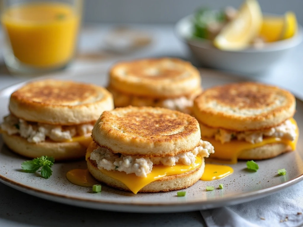 Crispy English muffin tuna melts with melted cheddar cheese
