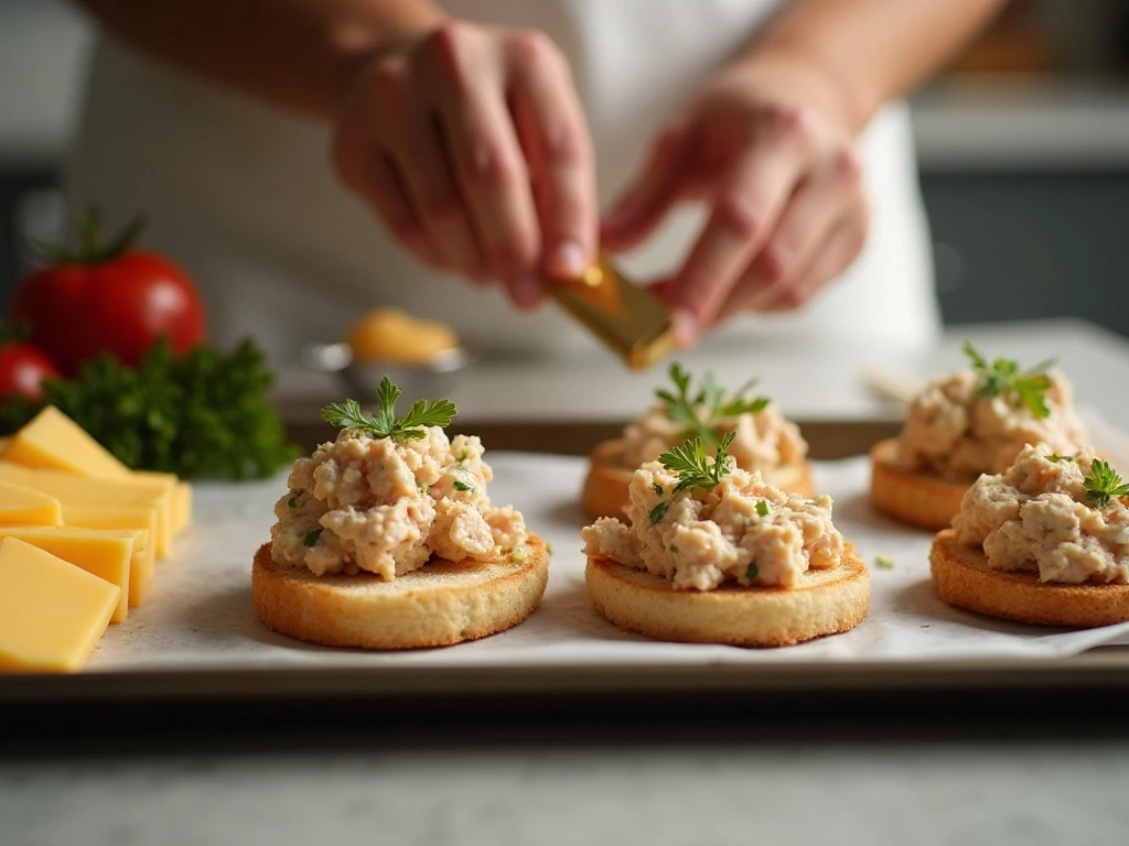 Spreading tuna salad over toasted English muffin halves