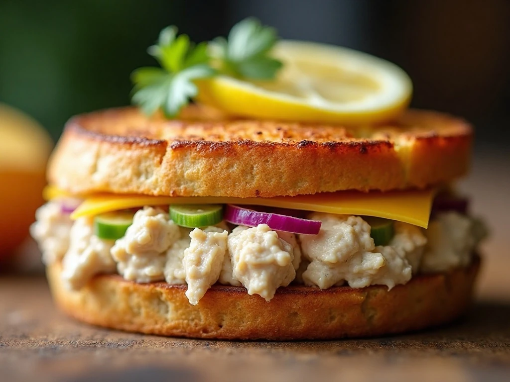Close-up of crispy tuna melt texture and browned cheddar