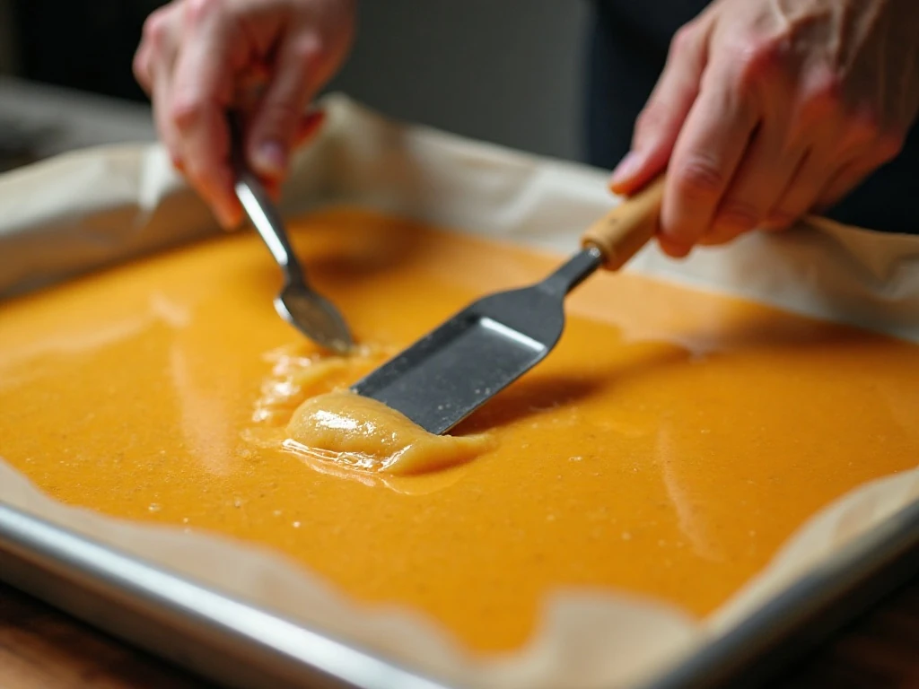 Freshly cooked English toffee being spread on a baking sheet