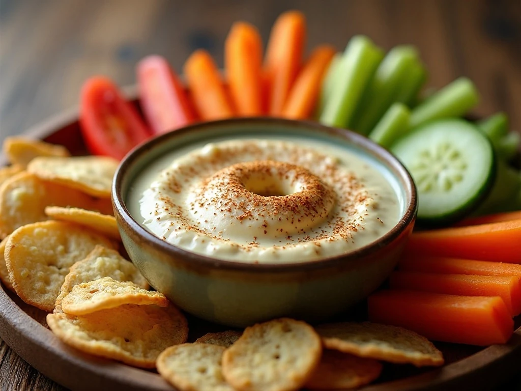 Creamy everything bagel seasoning dip served with bagel chips and vegetables