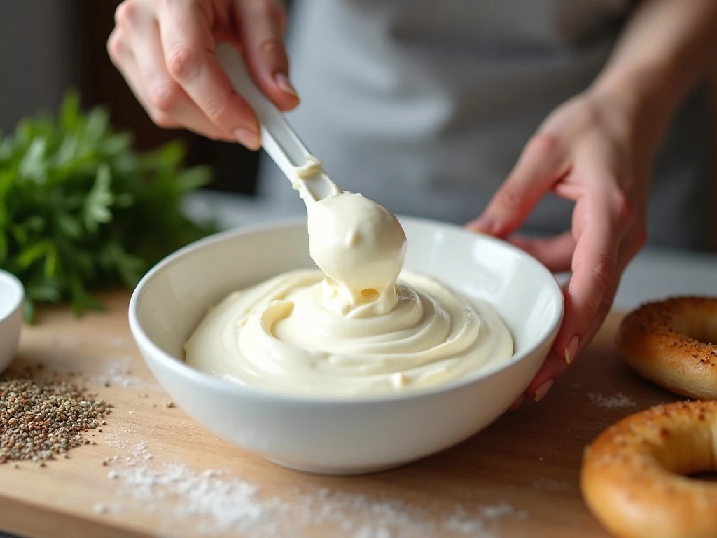 Mixing cream cheese and sour cream for everything bagel dip