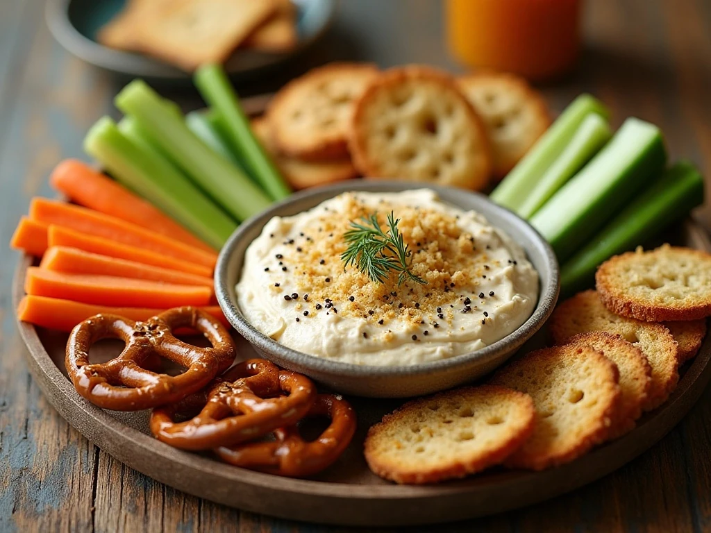 Everything bagel dip with crackers, pretzels, and fresh vegetables