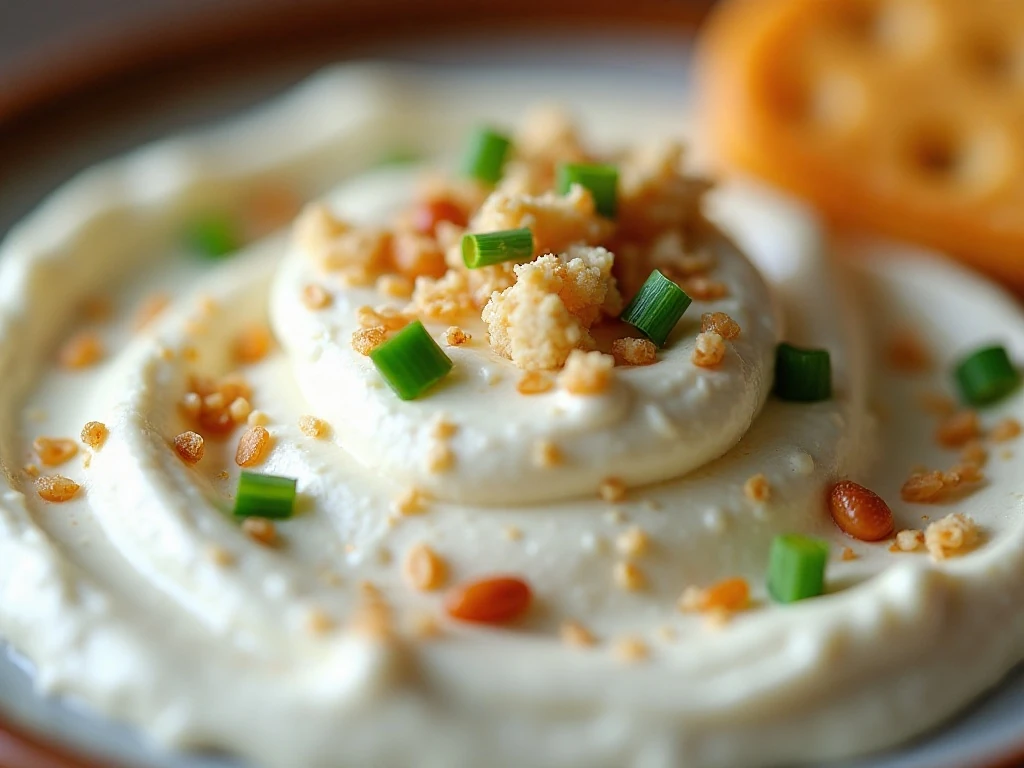 Close-up garnish on creamy everything bagel seasoning dip