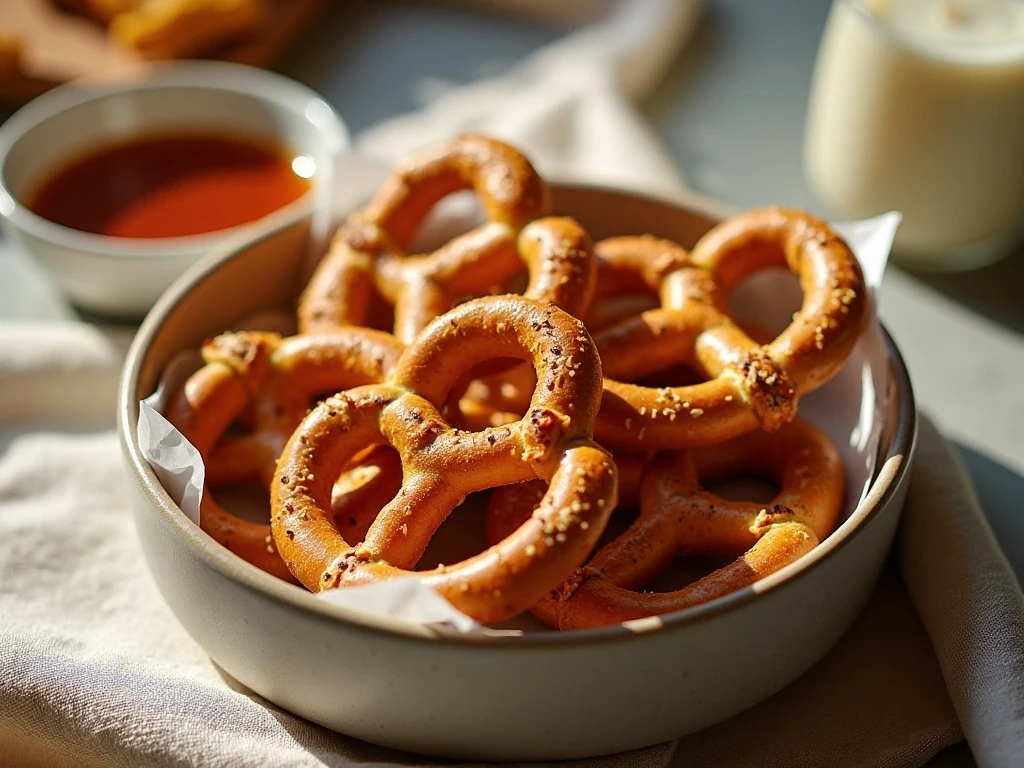 Bowl of crispy everything bagel seasoning pretzels ready to serve