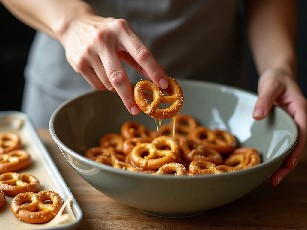 Tossing pretzels with butter and everything bagel seasoning