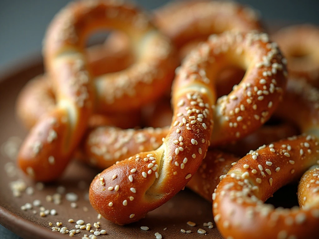 Close-up of everything seasoning coating on crispy pretzels
