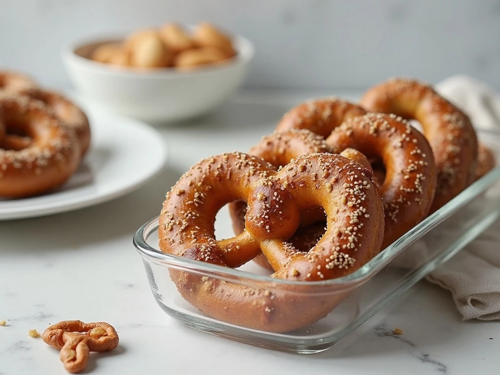 Airtight container storing homemade everything bagel pretzels