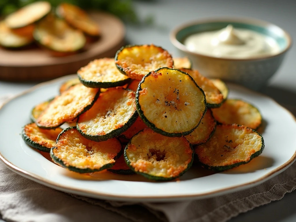 Crispy everything bagel zucchini chips served with a creamy dip