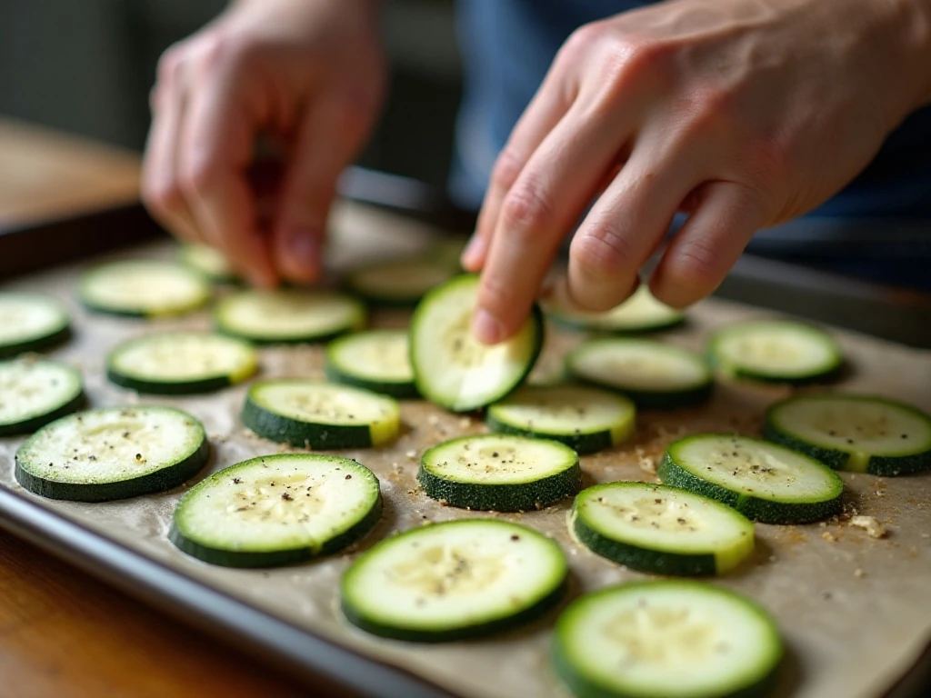 Zucchini slices arranged on a parchment-lined baking sheet