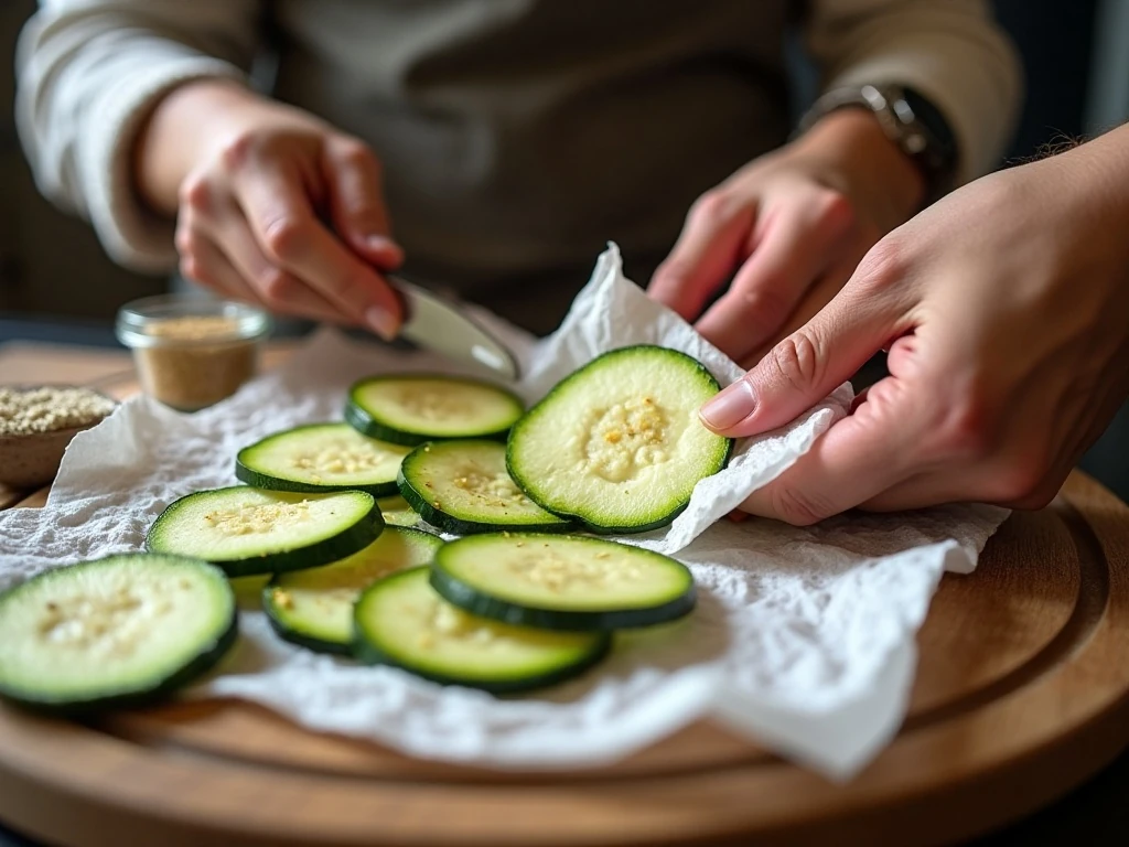 Thin zucchini slices being dried before baking