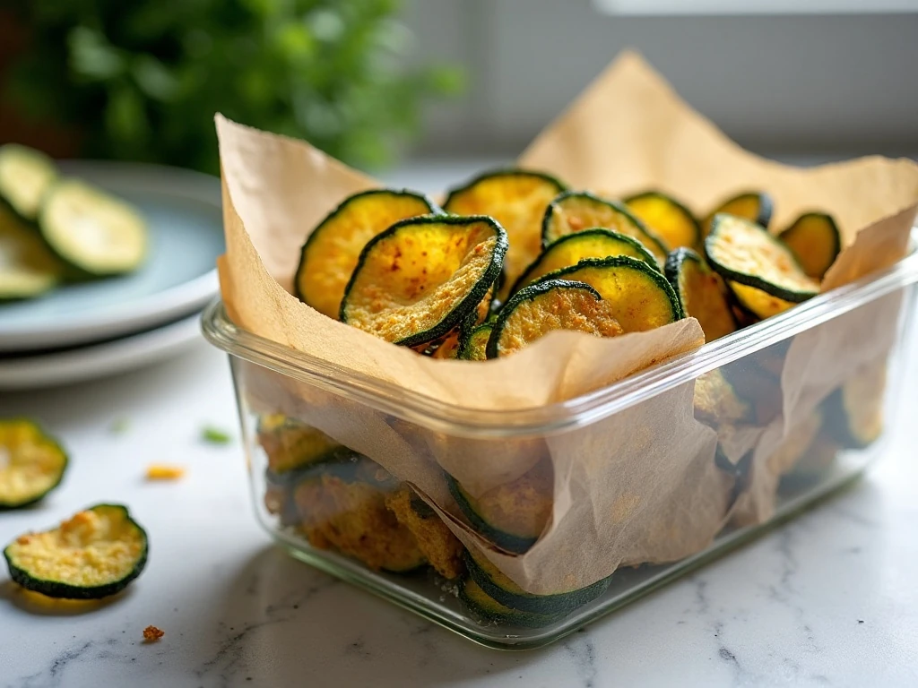 Cooled zucchini chips stored in an airtight container