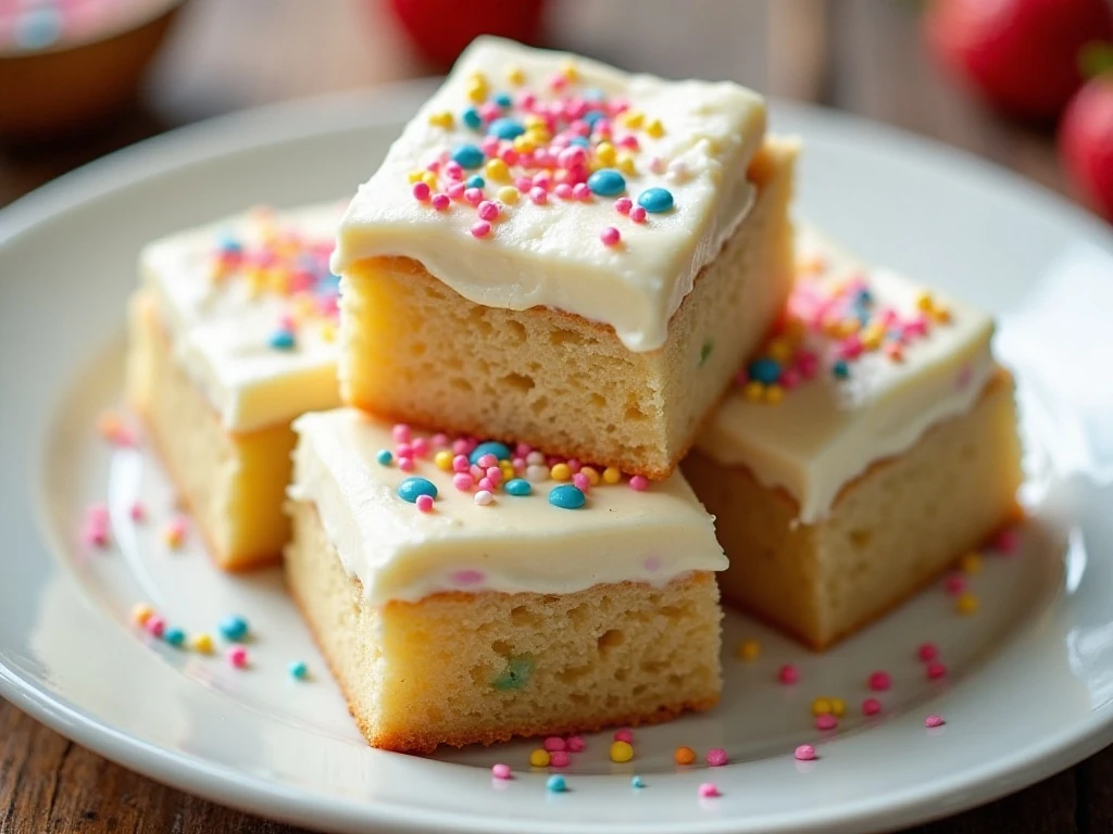 Extra thick sugar cookie bars with cream cheese frosting arranged on a serving plate
