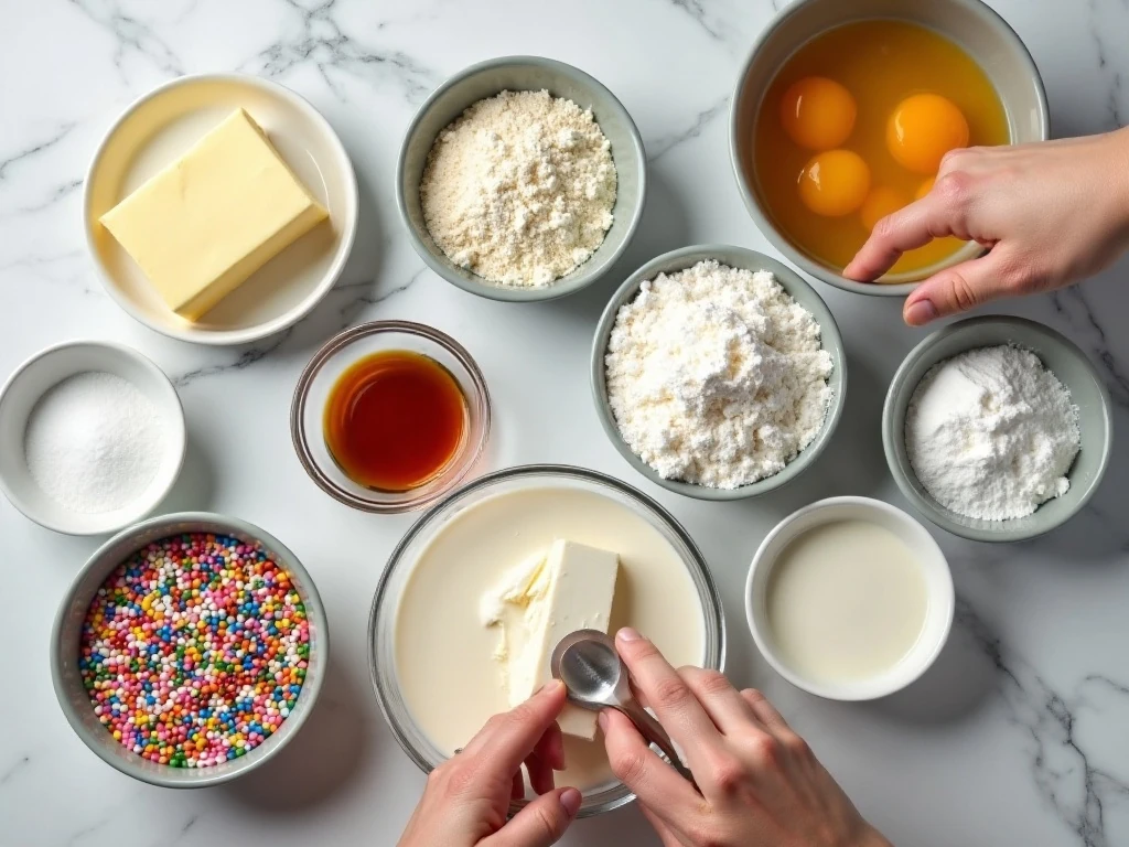 Ingredients for thick sugar cookie bars and cream cheese frosting