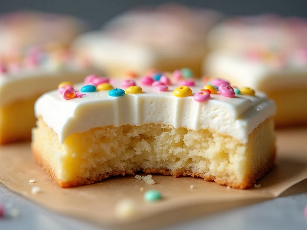 Close-up showing the soft center and frosted edge of a sugar cookie bar