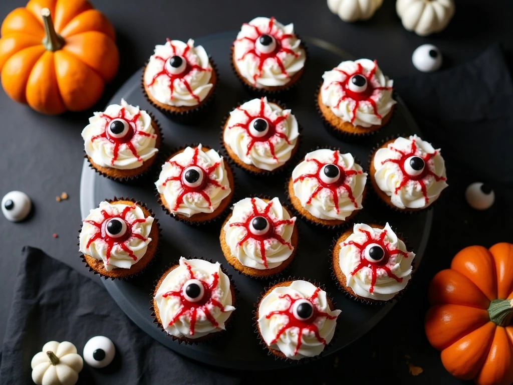 Spooky eyeball cupcakes arranged for a Halloween party