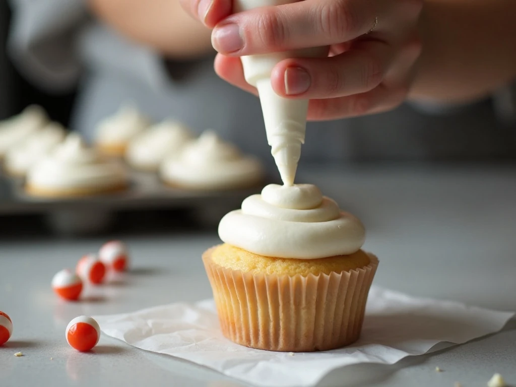 Piping buttercream onto cupcakes for an eyeball decoration